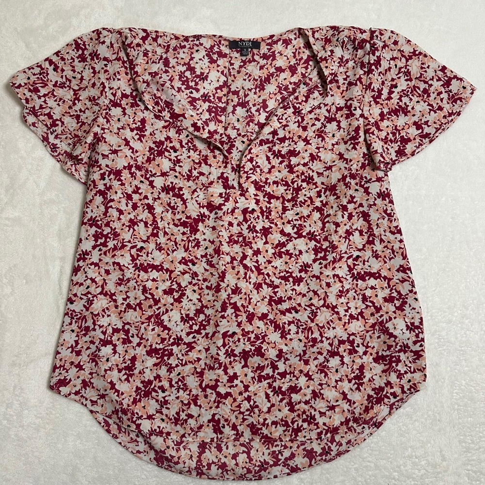 NYDJ Women's S Pink Floral Pintuck Blouse Short Sleeve Henley V-Neck Top Spring